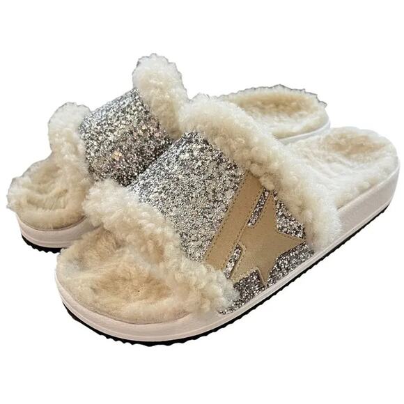 GOLDEN GOOSE Women Poolstar Shearling Glitter Slide Sandal Size 11 Cream/Silver - Picture 1 of 10